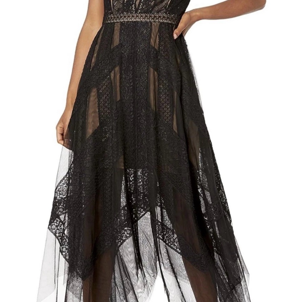 NWT BCBG MAXAZRIA Andi Handkerchief Asymmetric Lace Tulle Dress Black size 0
